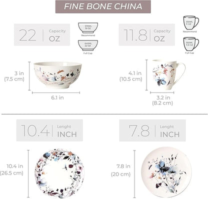 KOKEN Blue Dragonfly Ceramic Dinnerware Set - 4 Piece Plates and Bowls, Microwave Safe