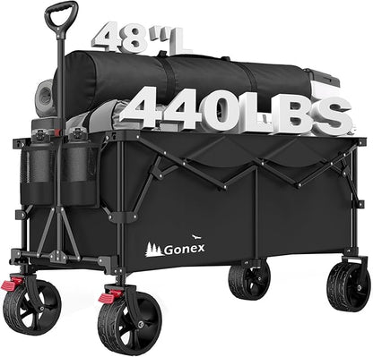 Gonex 48''L Collapsible Foldable Heavy Duty Oversized Wagon with 440lbs Weight Capacity, 300L Folding Large Utility Garden Grocery Shopping Cart with 8" H All-Terrain Wheels & 2 Drink Holders - Black
