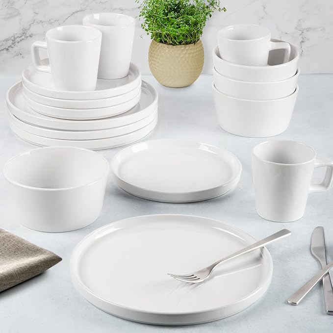 Zulay Kitchen Terra Stoneware Dinnerware Set, Artisanal Ceramic Plates and Bowls Set Crafted at 2300℉ - Service for 4, Frost White
