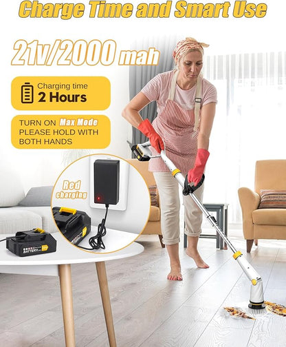 Qimedo Electric Spin Scrubber with Two Batteries Q2 Pro,1500 RPM High Power Electric Scrubber for Cleaning,Shower Cordless Cleaning Brush with Display for Tub/Tile/Floor (Effortless Handle/8 Brushes)