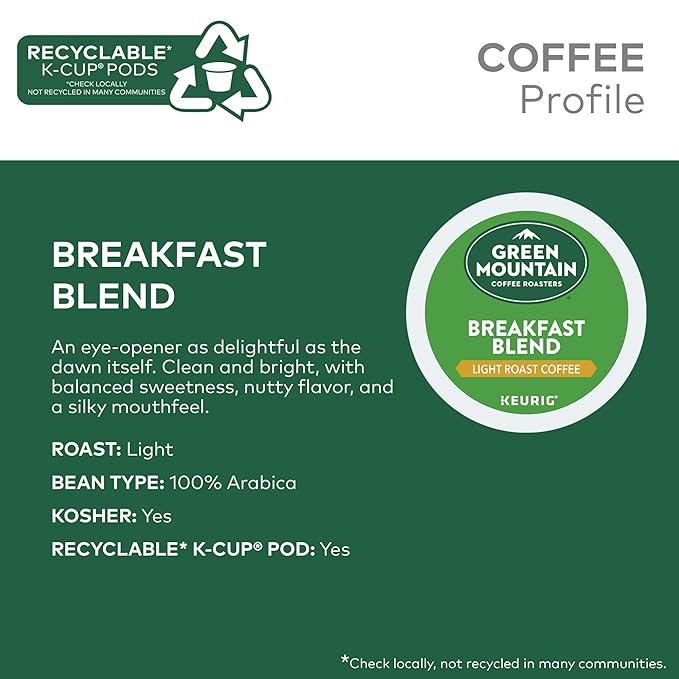 Green Mountain Coffee Roasters Breakfast Blend Single-Serve Keurig K-Cup Pods, Light Roast Coffee, 72 Count