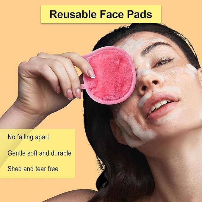 Nugilla 18 Packs Reusable Makeup Remover Pads with a Washable Laundry Bag, Resuable Microfiber Round Towel Skin Face Towels, Soft Makeup Remover Cloth, Fast Drying Washcloth (Pink)