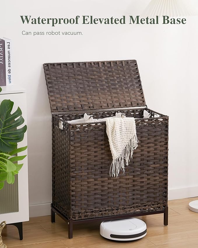 Laundry Hamper with Lid 132 L, (35 Gallons) Clothes Hamper with Lid, Handwoven Rattan Laundry Hamper with Metal Heightened Feet, Laundry Hampers with 3 Removable Liner Bags for Laundry-Brown