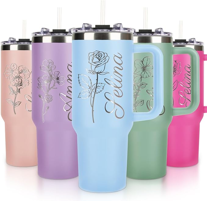 Made in USA - Personalized 40 Oz Tumbler with Handle and Straw - Custom Birthday Gifts with Name/Birth Flower for Wowen Girlfriend- Personalized Tumbler Bridesmaid Gifts for Wedding