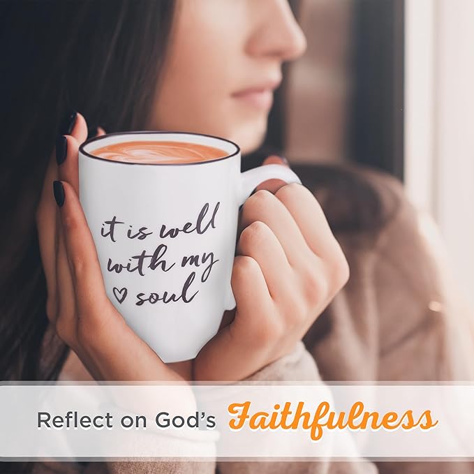 Christian Art Gifts Microwave & Dishwasher Safe Encouraging Ceramic Coffee & Tea Mug for Women & Men: It is Well With My Soul Inspirational Non-toxic Novelty Heart Beverage Cup, White & Black, 12 oz.