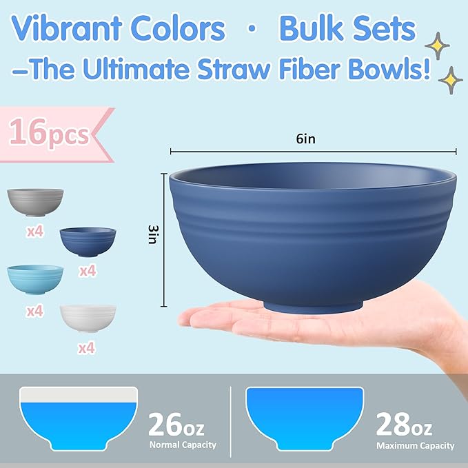 Quatish 16 PCS Unbreakable Cereal Bowls,Dishwasher & Microwave Safe Wheat Straw Bowls, Easy-to-Clean Lightweight Snack & Soup Bowl,Multi-Color Portable for Picnics Plastic Bowls Set, Blue
