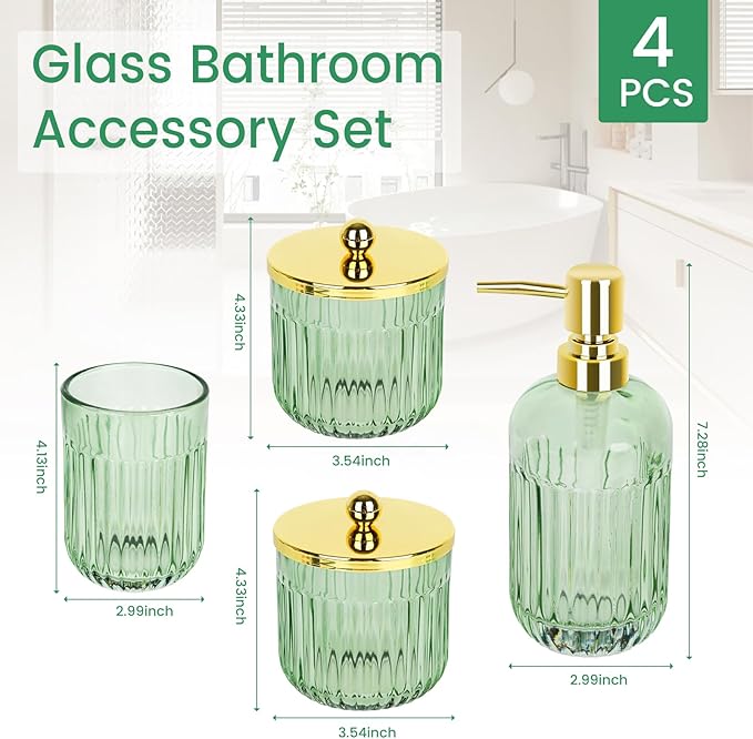 Bathroom Accessories Set,4 Pcs Green Glass Bathroom Accessories Set with Toothbrush Holder,Lotion Soap Dispenser,2 Qtip Holder Dispensers - Countertop Organizer for Modern Bathroom Decor - Green