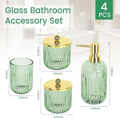 Bathroom Accessories Set,4 Pcs Green Glass Bathroom Accessories Set with Toothbrush Holder,Lotion Soap Dispenser,2 Qtip Holder Dispensers - Countertop Organizer for Modern Bathroom Decor - Green