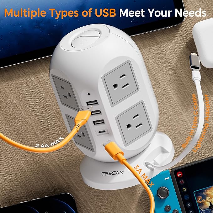 Tower Power Strip Surge Protector 10 Ft, TESSAN Flat Plug Extension Cord with Multiple Outlets, 8 AC Outlets, 4 USB Ports, 1 Built-in USB Cable, Desk Charging Station for Home Dorm Office