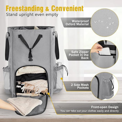 Laundry Bag Backpack Extra Large, 110L Laundry Backpack Heavy Duty with Shoulder Straps, Collapsible and Mesh Pocket Dorm Laundry Basket Hamper Bag for College, Travel, Laundromat, Apartment Grey