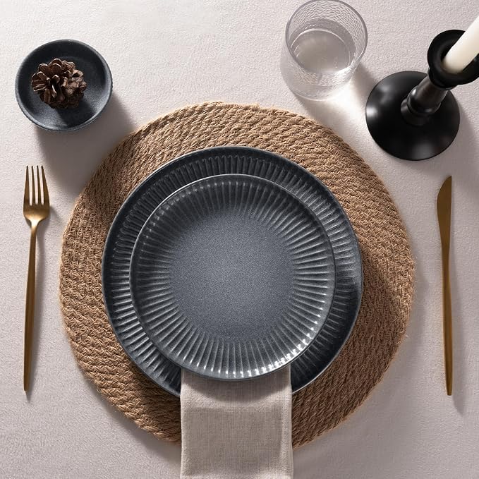 Famiware Ceramic Plates and Bowls Sets, Reactive Glaze Ribbed Dishes