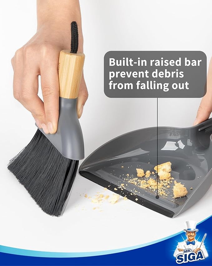 MR.SIGA Mini Dustpan and Brush Set, Portable Cleaning Brush and Dustpan Combo with Bamboo Handle, Gray, 1 Set