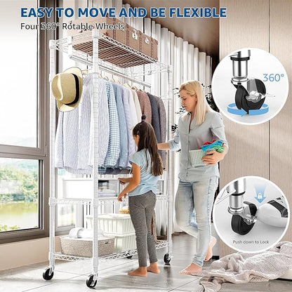 Heavy Duty Rolling Garment Rack 3 Tiers Adjustable Wire Shelving Clothes Rack with Rods and Side Hooks,Storage Closet Clothing Rack with Wheels White 15.7" D x 29.5" W x 74.5" H