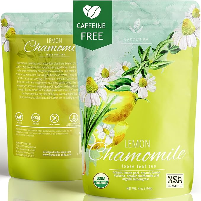 Gardenika Organic Lemon Chamomile Loose Leaf Tea, KSA Kosher, Caffeine Free, Herbal with Chamomile and Lemongrass – 4 oz (1 Pack)
