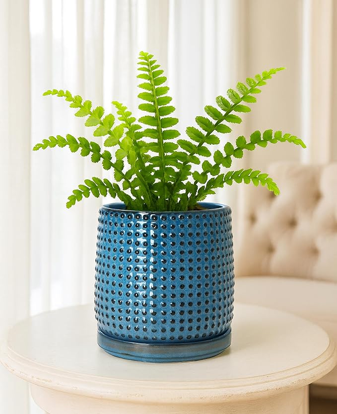 D'vine Dev 6 Inch Ceramic Beaded Stoneware Planter Pot - Flower Pot with Drainage Holes and Saucers for Indoor Succulent Plants or Flowers, Ocean Teal, 27-C-X-8