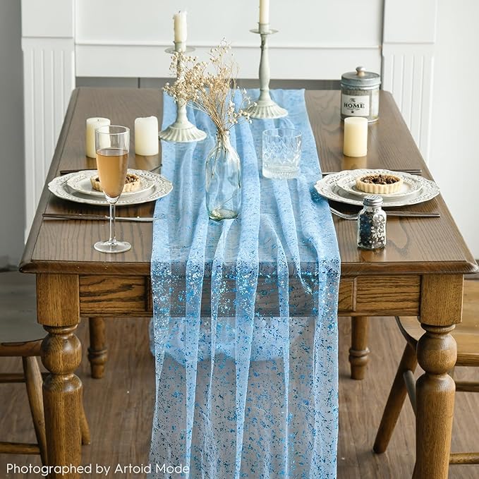Artoid Mode Light Blue Gold Gauze Table Runner 120 Inch 10FT, Glitter Metallic Foil Sheer Dining Wedding Anniversary Holiday Table Decor for Home Party