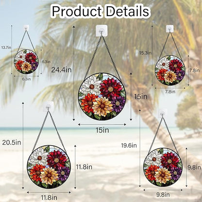 Stained Glass Window Hanging, Colorful Flowers Sun Catcher for Window Door Home Decor Plant Suncatcher Christmas Mother's Day Birthday Gifts for Women Men Mom and Nana 7.8 in