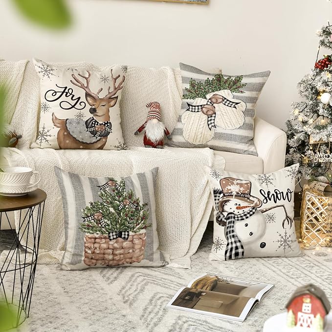 AVOIN colorlife Christmas Snowman Reindeer Gloves Eucalyptus Throw Pillow Covers, 16 x 16 Inch Winter Holiday Stripes Cushion Case Decoration for Sofa Couch Set of 4