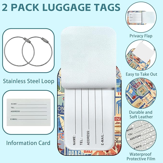Travel Stamp Luggage Tag for Suitcase Set of 2 PU Leather Cute Luggage Tags with Stainless Metal Loop ID Label Privacy Flap Suitcase Tags for Women and Men Travel