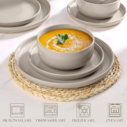 LIANYU Plates and Bowls Dish Sets for 4, 12PCS Stoneware Dinnerware Set, Speckled Dishware Includes Dinner Salad Plates, Cereal Bowls, Scratch Resistant, Milky Brown