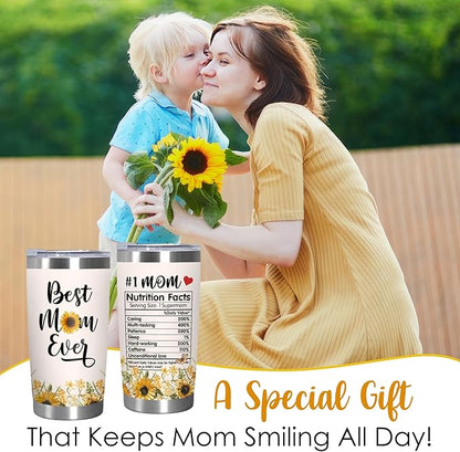 TEEZWONDER Christmas Birthday Gifts for Mom from Daughter Son - #1 Nutrition Facts Sunflower Stainless Steel Insulated Coffee Tumbler with Lid 20 oz - Mothers Birthday Gifts for Mama Grandma Women