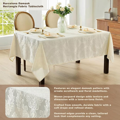 Newbridge Barcelona Luxury Damask Fabric Tablecloth, 52” Wide x 70” Rectangle, Antique White, 100% Polyester, No Iron, Soil Resistant Dining Room, Party and Banquet Table Cover