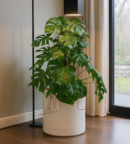 D'vine Dev 14 Inch Ceramic Planter Pot with Drainage Hole and Saucer, Indoor Cylinder Round Planter Pot, Oatmeal, 94-O-G-8