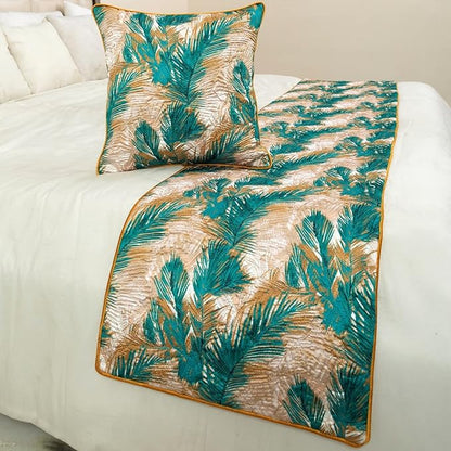The HomeCentric King/Queen/Twin Green Decorative Twin 53"x18" Bed Runner with 2 Pillow Cover, Plam Leaves & Quilted Bed Scarf on Satin Fabric - Palms