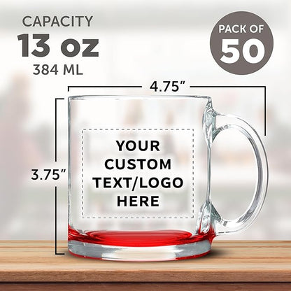 Custom Libbey Clear Glass Coffee Mugs 13 oz. Set of 50, Personalized Bulk Pack - Perfect for Coffee, Tea, Espresso, Hot Cocoa, Other Beverages - Red Bottom