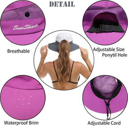 Womens Summer Sun Hat Beach Hat Wide Brim Outdoor UV Protection Hat Foldable Cool Mesh Ponytail Bucket Hat