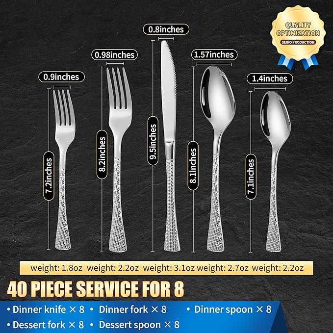 Lemeya Hammered Silver Silverware Set for 8,Stainless Steel 40-Piece Modern Cutlery Set,Mirror Polished Heavy Duty Flatware Set Utensil Set,Knives Spoons and Forks Set,Dishwasher Safe