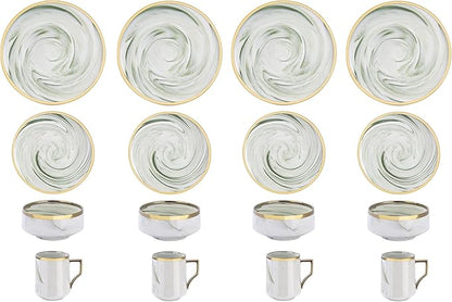 16 Piece Plates and Bowls Sets, Fine China Artisan Marbled Dinner Set for 4, Dishwahser Safe, Scratch Resistant, Green with Gold Line