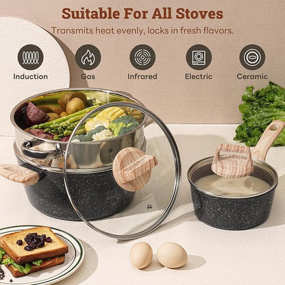 17 Pcs Pots and Pans Set Non Stick Kitchen Cookware Sets Nonstick Induction Cookware Non-toxic Black Granite Cooking Tools with Stay-Cool Handles, Pot Protectors (PFOS/PFOA Free)