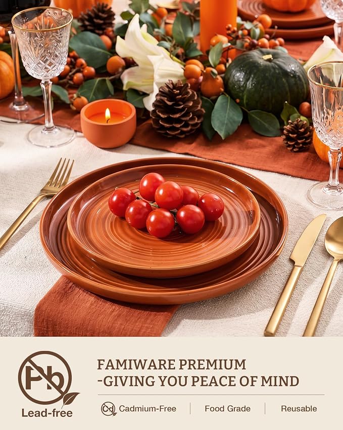 Dinnerware Set for 8, Ceramic Plates and Bowls, Terracotta | 24 pcs Speckled
