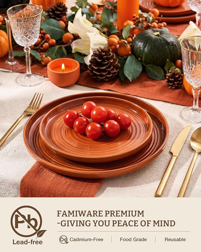 Dinnerware Set for 8, Ceramic Plates and Bowls, Terracotta | 24 pcs Speckled
