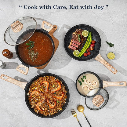 12 Pcs Pots and Pans Set, Nonstick Cookware Sets Black Granite Induction Cookware, Non-toxic Healthy Non Stick Kitchen Cooking Set with Frying Pans Set, Saucepans,Steamer (PFAS, PFOA, PFOS Free)