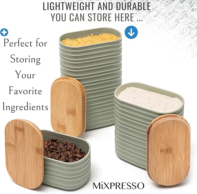 Mixpresso Olive Green Canisters Sets for the Kitchen – 3-Piece Airtight Plastic Sugar Container Set with Bamboo Lids in Three Different Sizes – Decorative Modern Storage Jars for Coffee &Tea