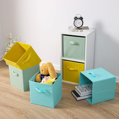 Stero Fabric Storage Bins 6 Pack Fun Colored Durable Storage Cubes with Handles Foldable Cube Baskets for Home, Kids Room, Closet and Toys Organization Cyan, Green, Yellow