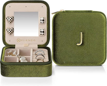 Vlando Plush Velvet Travel Jewelry Case, Personalized Initial Jewelry Boxes for Women Girls, Mini Jewelry Travel Organizer Travel Essentials for Birthday Gifts - Letter J, Green