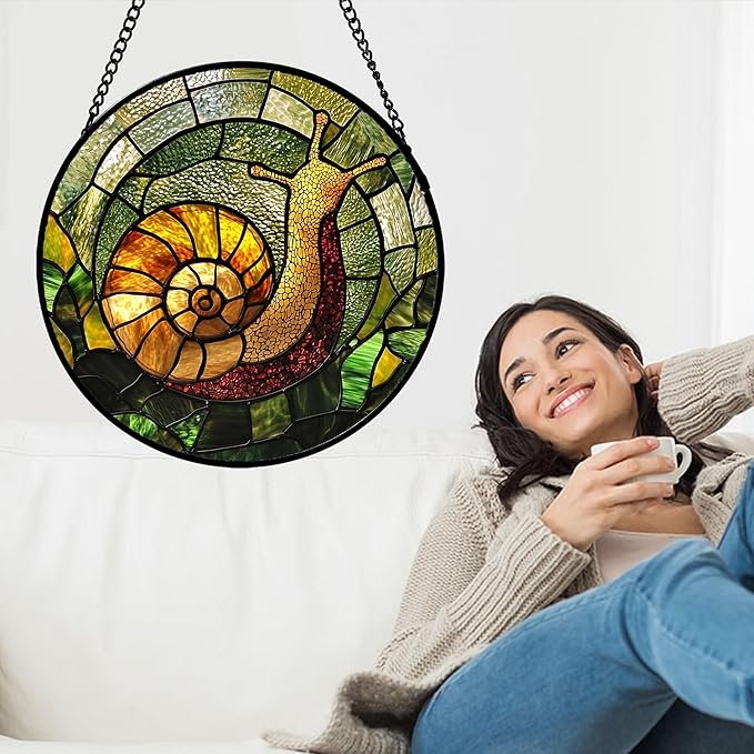 Stained Glass Window Hanging, Green Orange Snail Sun Catcher for Door Home Decor Suncatcher Christmas Mother's Day Birthday Gifts for Women Men Mom and Nana 6.3 in