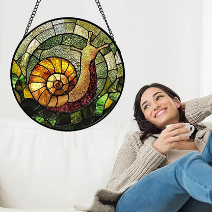 Stained Glass Window Hanging, Green Orange Snail Sun Catcher for Door Home Decor Suncatcher Christmas Mother's Day Birthday Gifts for Women Men Mom and Nana 6.3 in