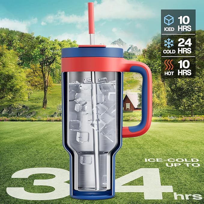 POWCAN 40 oz Tumbler with Handle, 2-in-1 Metal Straw and Sip Lid, Leakproof, Dishwasher Safe, Insulated Stainless Steel Travel Coffee Mug, Keeps Cold for 34 Hours, Fits in Car Cup Holder (Heroic)