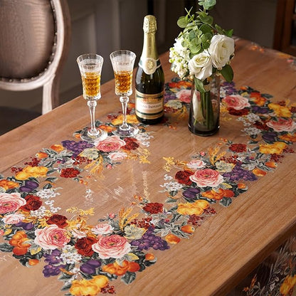 Clear Table Cover Protector Vinyl PVC Rectangle Table Cloth with Floral Fruit Pattern Oil Spill Proof Plastic Tablecloths for Dining Tables Parties Holidays (Floral Fruit, 55 x 104 Inches)