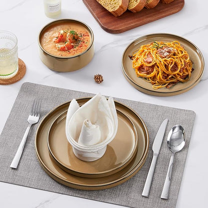 LIANYU Dinnerware Plates and Bowls Sets for 4, 12 Piece Modern Stoneware Dishes Set, Elegant Ceramic Dining Dishware for Dinner, Rustic Terracotta Bottom, Microwave & Dishwasher Safe, Amber Gold