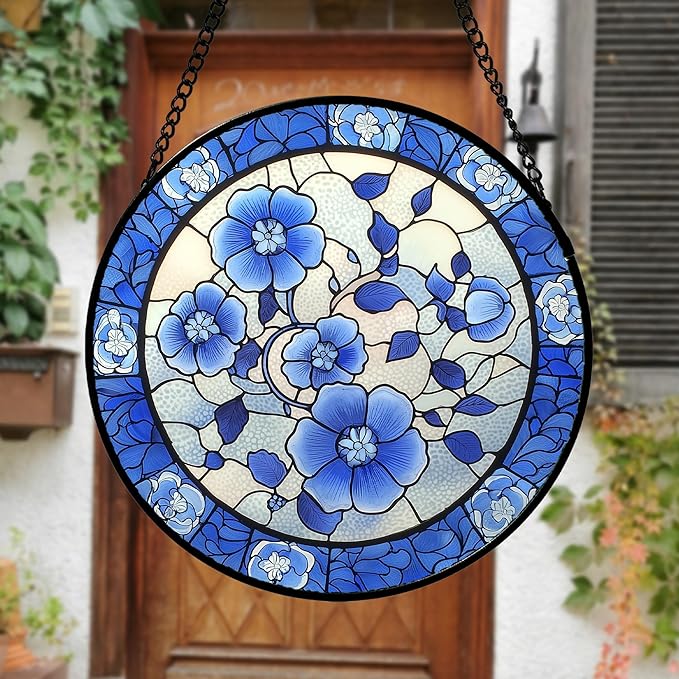 Stained Glass Window Hanging, Blue and White Plum Blossom Sun Catcher for Door Home Decor Flowers Suncatcher Christmas Mother's Day Birthday Gifts for Women Men Mom and Nana 11.8 in