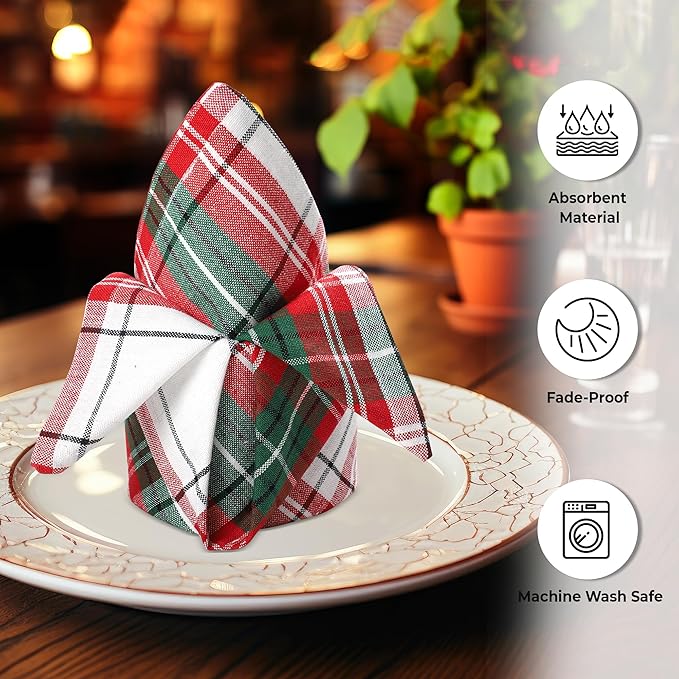 Urban Villa Cloth Napkins (Set of 12) 20x20 Inches 100% Cotton Dinner Napkins Hotel Quality Reusable & Washable Table Dinner Napkins for Home & Weddings -(Christ Checks)