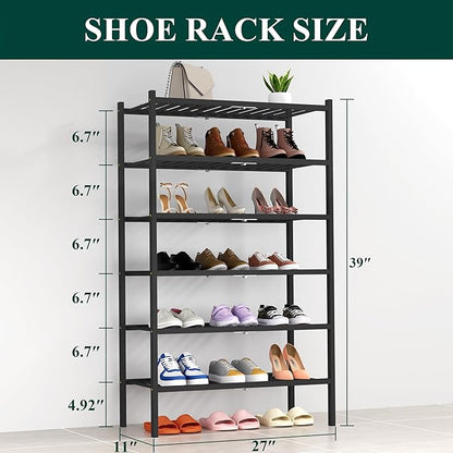 Smiry Shoe Rack, 6 Tier Thick Bamboo Shoe Organizer, Stackable Free Standing Wooden Shoe Storage Shelf for Closet, Entryway, Front Door Entrance, Black
