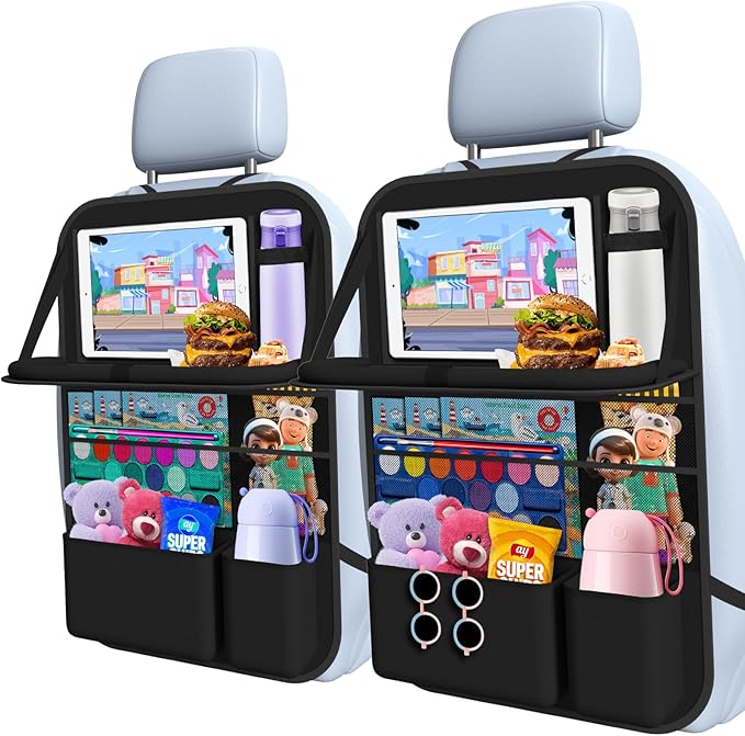 Car Backseat Organizer with table Tray, 9 Storage Pockets Backseat Car Organizer with Tablet Holder, Back seat Organizer for Kids Road Trip Essentials Travel (1Pack)