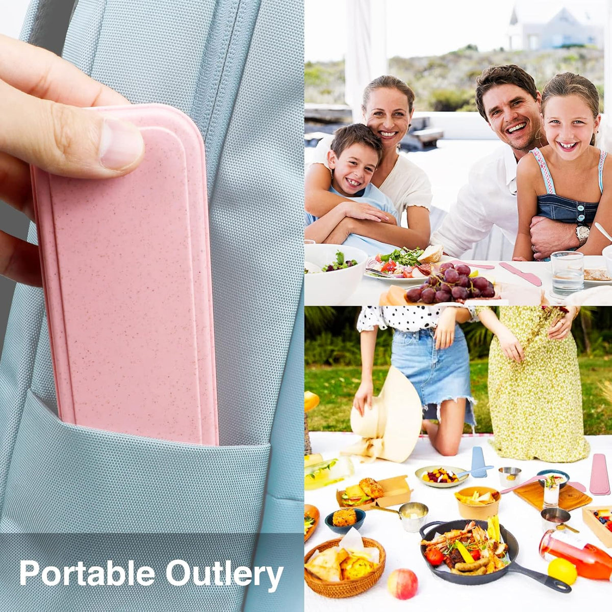 Reusable Travel Utensils Set with Case, Green Wheat Straw Portable Knife Fork Spoons Tableware, Eco-Friendly BPA Free Cutlery for Kids and Adults as Travel Picnic Camping Utensils