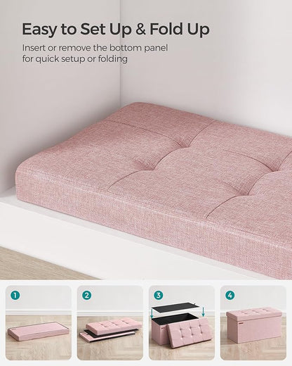 SONGMICS Mazie Collection - 30 Inches Folding Storage Ottoman Bench, Ottoman Foot Rest, End of Bed Bench, Storage Chest, Load 660 lb, for Living Room, Bedroom, Entryway, Jelly Pink ULSF047R11